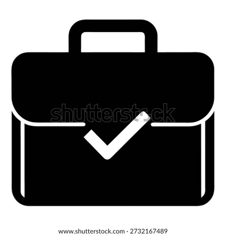 A black and white icon of a briefcase with a check mark, representing business, success, tasks completed, and agreement.