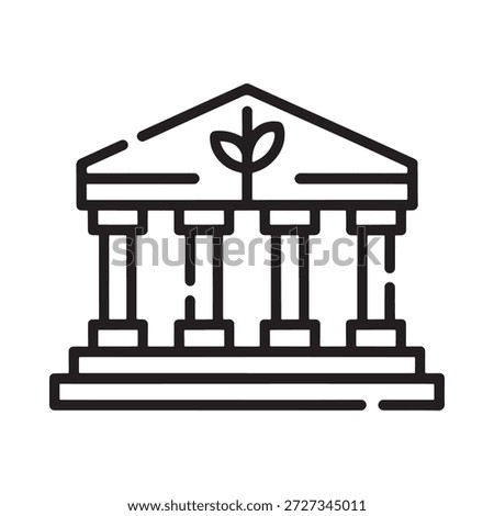 a black and white icon of a building with columns and a plant