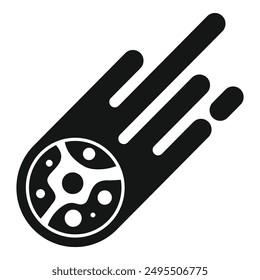 Black and white icon of a burning meteorite flying through space leaving a trail