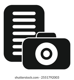 Black and white icon of a camera superimposed on a document, representing photo documentation