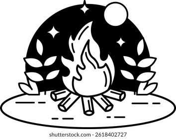 Icono blanco y negro de una fogata en un bosque por la noche