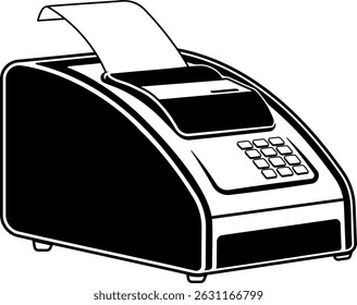 Black and white icon of a cash register with a receipt, silhouette style, isolated on transparent background