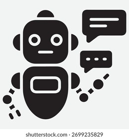 Icono blanco y negro de un chatbot con burbujas de discurso