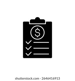 Icono en blanco y negro de una lista de verificación con un signo de dólar, que representa la planificación financiera y la gestión presupuestaria.