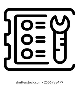 Black and white icon of a checklist with a wrench, symbolizing technical seo and website optimization