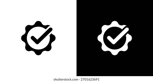 Icono blanco y negro de una marca de verificación dentro de un círculo dentado