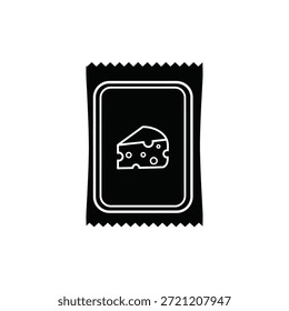 Black and white icon of a cheese slice on a jagged edge package.