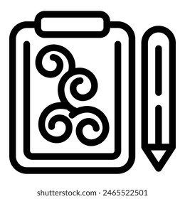 Black and white icon of a clipboard with a swirly doodle and pencil