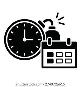 Black and white icon of clock calendar and stopwatch on white background icon