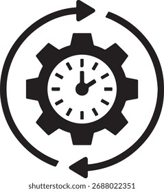 Icono en blanco y negro de una esfera de reloj dentro de un engranaje rodeado por un Vector de flecha circular