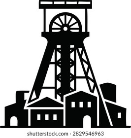 Black and white icon of a coal mine headframe, representing mining industry, industrial infrastructure, and resource extraction.