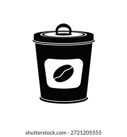 Schwarz-weißes Symbol eines Kaffeebohnen-Behälters mit Deckel und Griff.