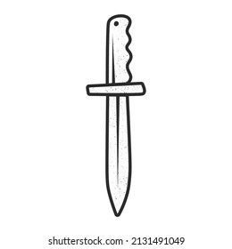 Ícono blanco y negro de arma fría -cuchillo, símbolo de peligro. Contorno de la hoja con la manija. Ilustración del vector