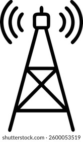 A black and white icon of a communication tower with signal waves.