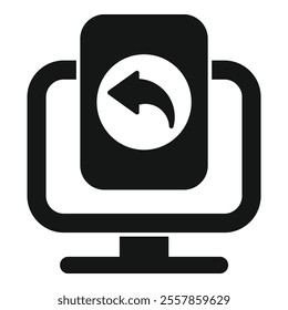 Black and white icon of a computer displaying a document with a return arrow