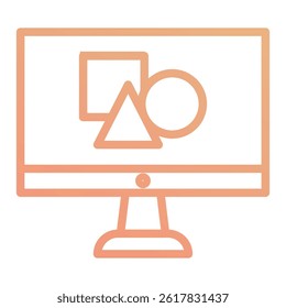 A black and white icon of a computer monitor displaying basic geometric shapes: a square, a triangle, and a circle. Clean and modern design for various digital or tech-related concepts