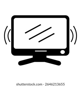 Ícone preto-e-branco de um monitor de computador com linhas de vibração e listras de movimento, simbolizando o efeito de vibração ou alerta da tela.