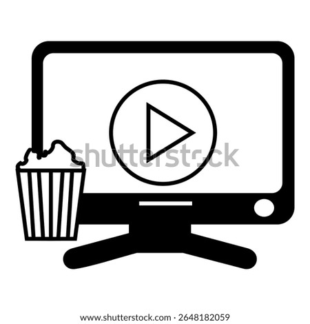 Black and white icon of a computer monitor with a play button and popcorn, symbolizing movie streaming or watching films online.