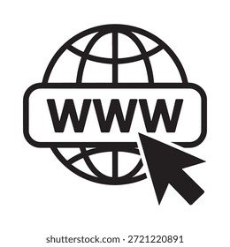 Schwarz-weißes Symbol einer Computermaus, die über einem Globus schwebt, mit WWW-Text