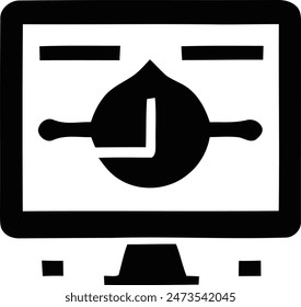 Black and white icon of a computer screen with an hourglass design on it, suggesting the concept of time