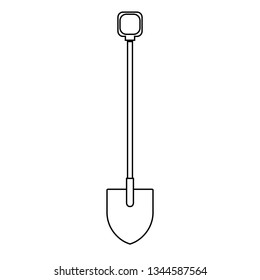 Black and white icon of a construction agro beautiful sharp bayonet shovel with a wooden handle for digging the ground. Garden tools on a white background. Vector illustration.