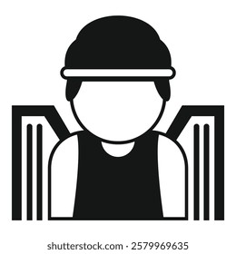 Black and white icon of a construction worker wearing a hard hat and safety vest