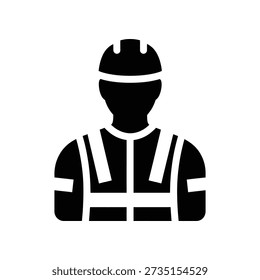 Black and white icon of a construction worker wearing a hard hat and safety vest