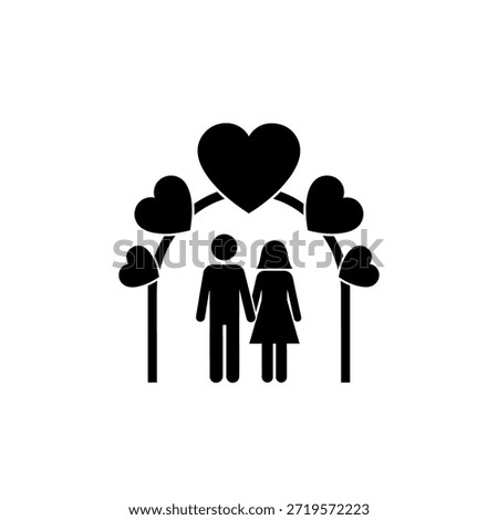 A black and white icon of a couple standing together under an archway adorned with hearts, symbolizing love and partnership.
