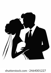 Black and white icon of couple at wedding. Symbol of romantic romance. Romantic card of the groom and the bride. 