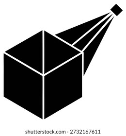 Ein schwarz-weißes Symbol eines Würfels, der Lichtstrahlen projiziert und Konzepte wie Ideen, Lösungen oder dimensionales Denken repräsentiert.