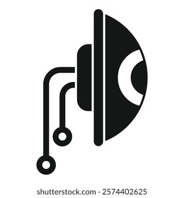 Black and white icon of a cyber eye watching, connecting with wires representing digital vision