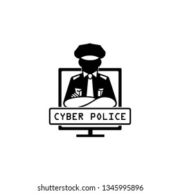 Black and white icon of cyber police officer on monitor of computer.