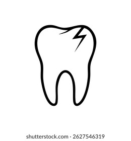 Black and white icon of a damaged tooth with a lightning bolt symbol on the upper right corner, representing toothache, sensitivity, or dental problems. Minimalist line art style