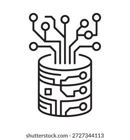 Un icono en blanco y negro de una base de datos con líneas de placa de circuito