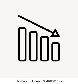 Black and white icon of a declining bar chart with an arrow pointing downwards, symbolizing decrease, reduction, and negative trend in data or statistics. User interface icon vector.