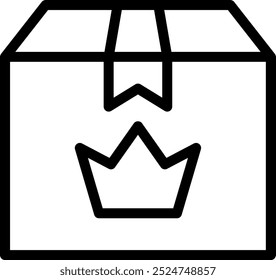 Schwarz-weißes Symbol einer Lieferbox mit einem Kronensymbol, das Premium-Verpackungen oder Exklusivlieferungen darstellt.