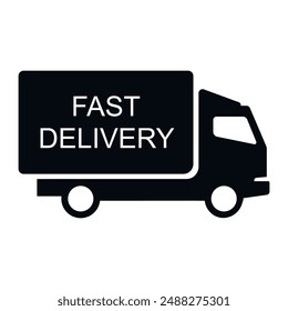 A black and white icon of a delivery truck with the words Fast Delivery written on the side