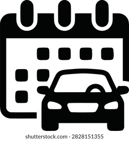 A black and white icon depicting a car in front of a calendar, representing vehicle maintenance scheduling, service appointments, and automotive care.