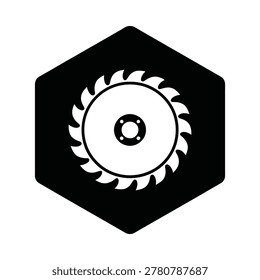 Black and white icon depicting a circular saw blade centered within a hexagonal shape.