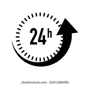 A black and white icon depicting a clock with 24h inside and an upward arrow, symbolizing continuous service or around-the-clock availability.