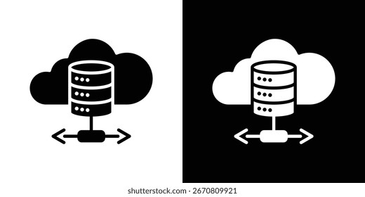 Icono en blanco y negro que representa la transferencia de datos del servidor en la nube. Adecuado para la tecnología, la computación y los conceptos de red.