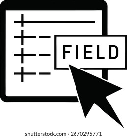 Un icono en blanco y negro que representa un cursor de computadora que selecciona activamente un campo específico dentro de un formulario o documento digital, simbolizando la entrada de datos y la interacción del usuario.