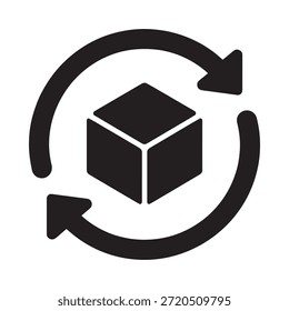 Icono blanco y negro que representa un cubo dentro de un símbolo de reciclaje circular