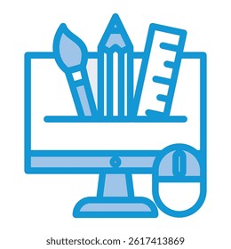 A black and white icon depicting design tools such as a paintbrush, pencil, and ruler on a computer screen, with a mouse. Ideal for illustrating concepts related to digital art, graphic design