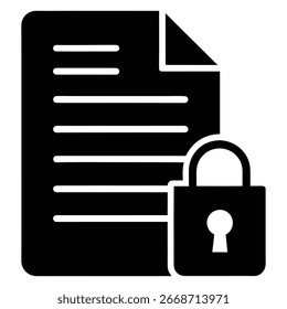 Ein schwarz-weißes Symbol, das ein Dokument mit Textzeilen und einem geschlossenen Vorhängeschloss darstellt, das Sicherheit, Privatsphäre oder Datenschutz bedeutet, einzeln auf weiß.