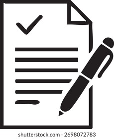 A black and white icon depicting a document with text lines and a checkmark, with a pen resting on it, symbolizing tasks, agreements, or completion.