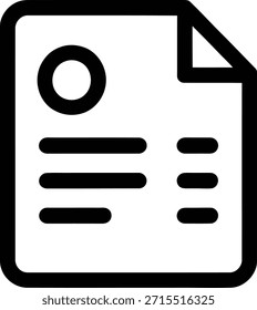 Icono en blanco y negro que representa un documento con un marcador de posición circular y varias líneas de texto