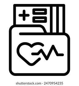 Icono en blanco y negro que representa una carpeta con una línea de corazón y pulso, que simboliza la salud del paciente y los registros médicos