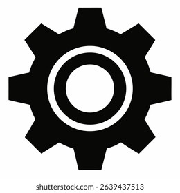 A black and white icon depicting a gear or cogwheel, suitable for representing settings, mechanics, or processes. Simple, clean design.
