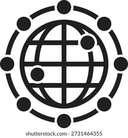 Um ícone em preto e branco representando um globo circundado por uma órbita circular com vários pontos, simbolizando uma rede global, interconectividade e comunicação digital em todo o mundo.